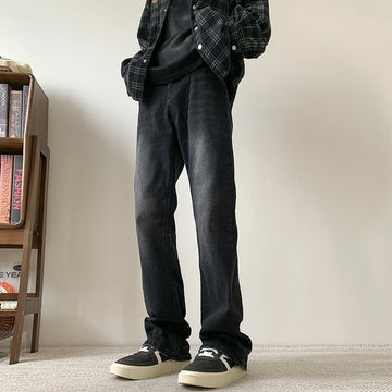 Vintage Distressed Black Jeans for Men Straight Casual Long Pants Autumn Winter Daily Clothing Washed Denim Trousers Male